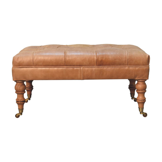 Buffalo Tan Leather Ottoman with Castor Legs Storage Bench