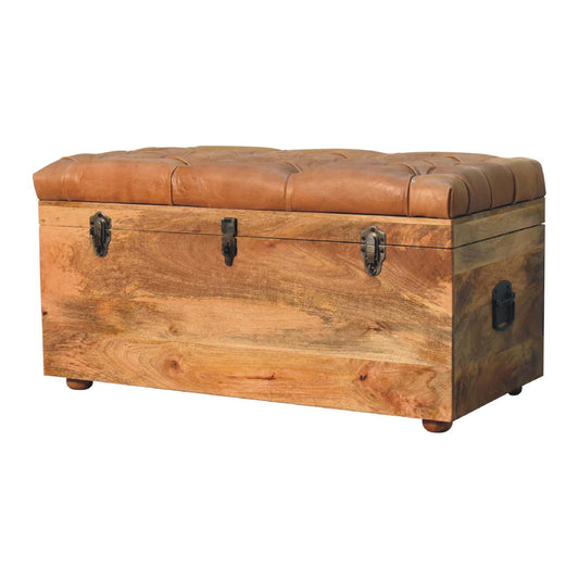 Buffalo Hide Oak-ish Storage Trunk Storage Bench | Linen Hidden Storage