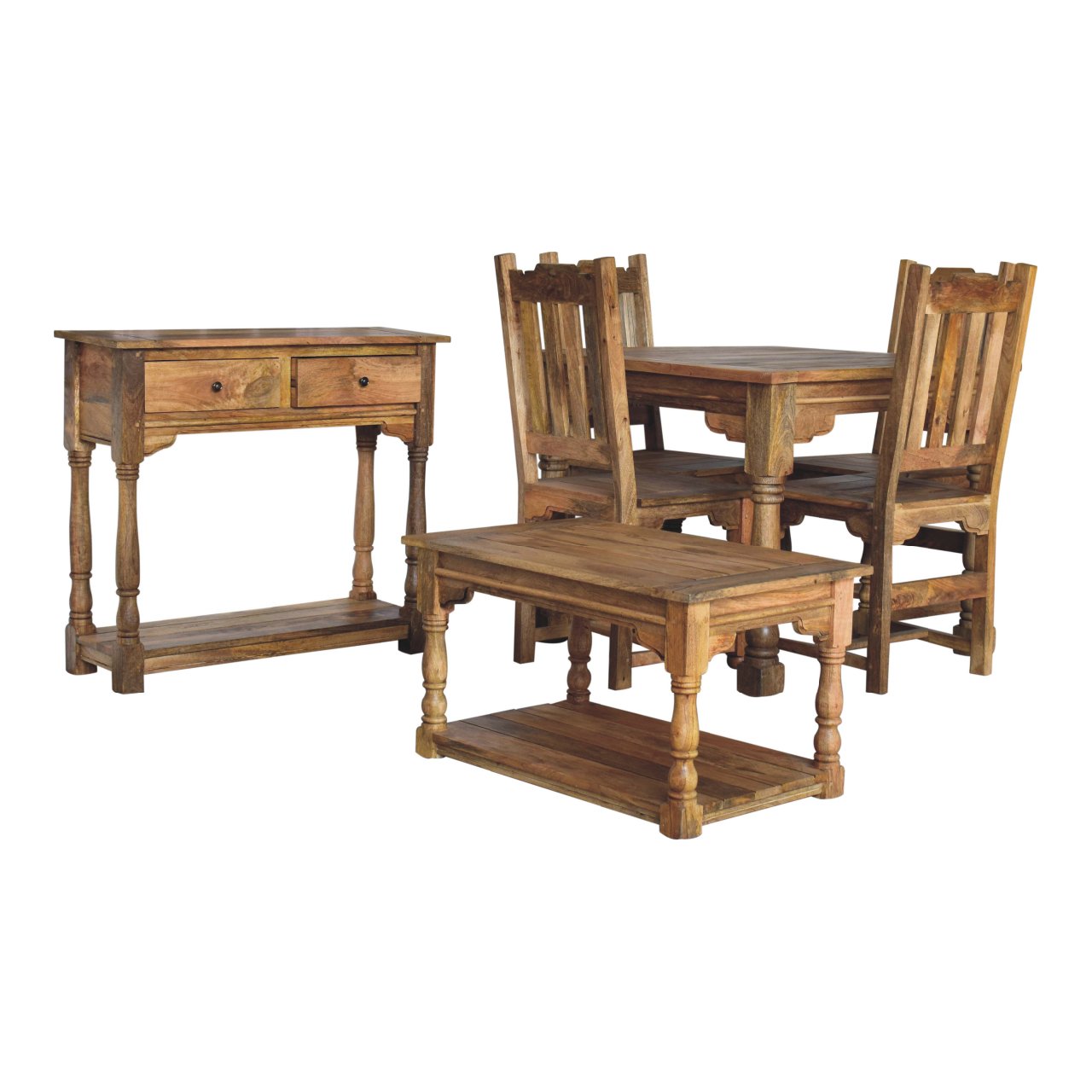 Granary Dining Table Set in Distressed Oak Finish Made from Solid Mango Wood