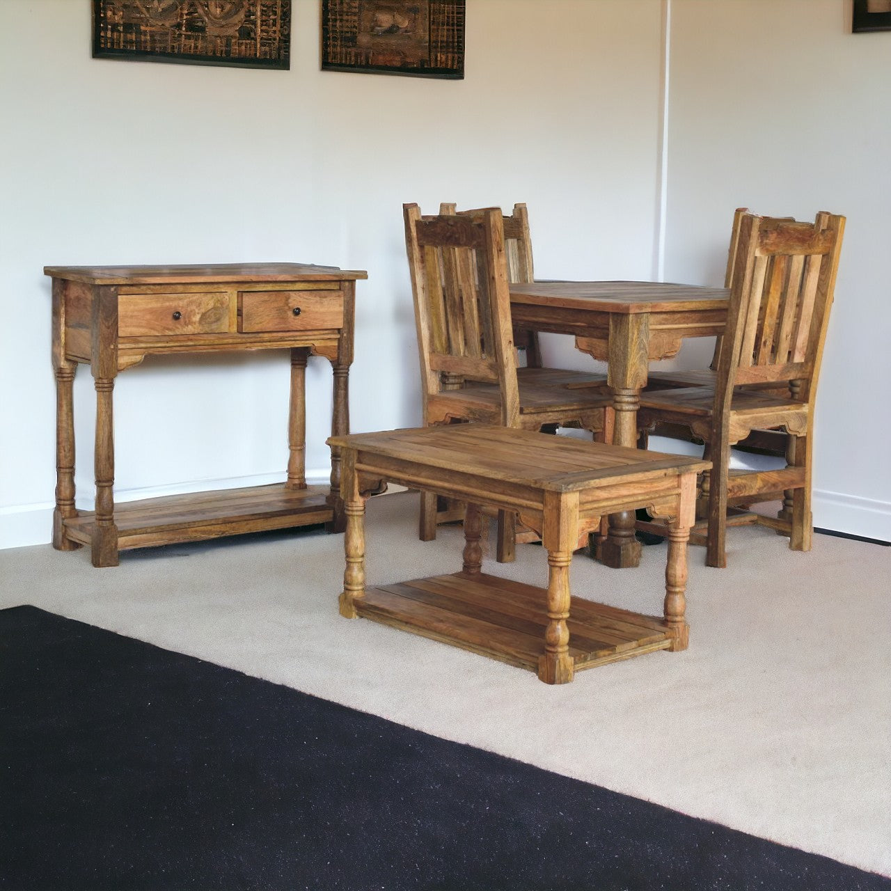 Granary Dining Table Set in Distressed Oak Finish Made from Solid Mango Wood
