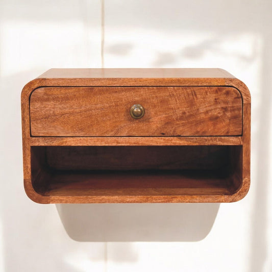 Curved Honey Caramel Wall Mounted Bedside with Open Slot Bedside | Mango Wood