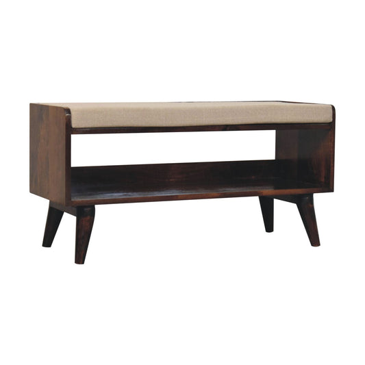 California Walnut bench with mud linen seat pad | Tweed