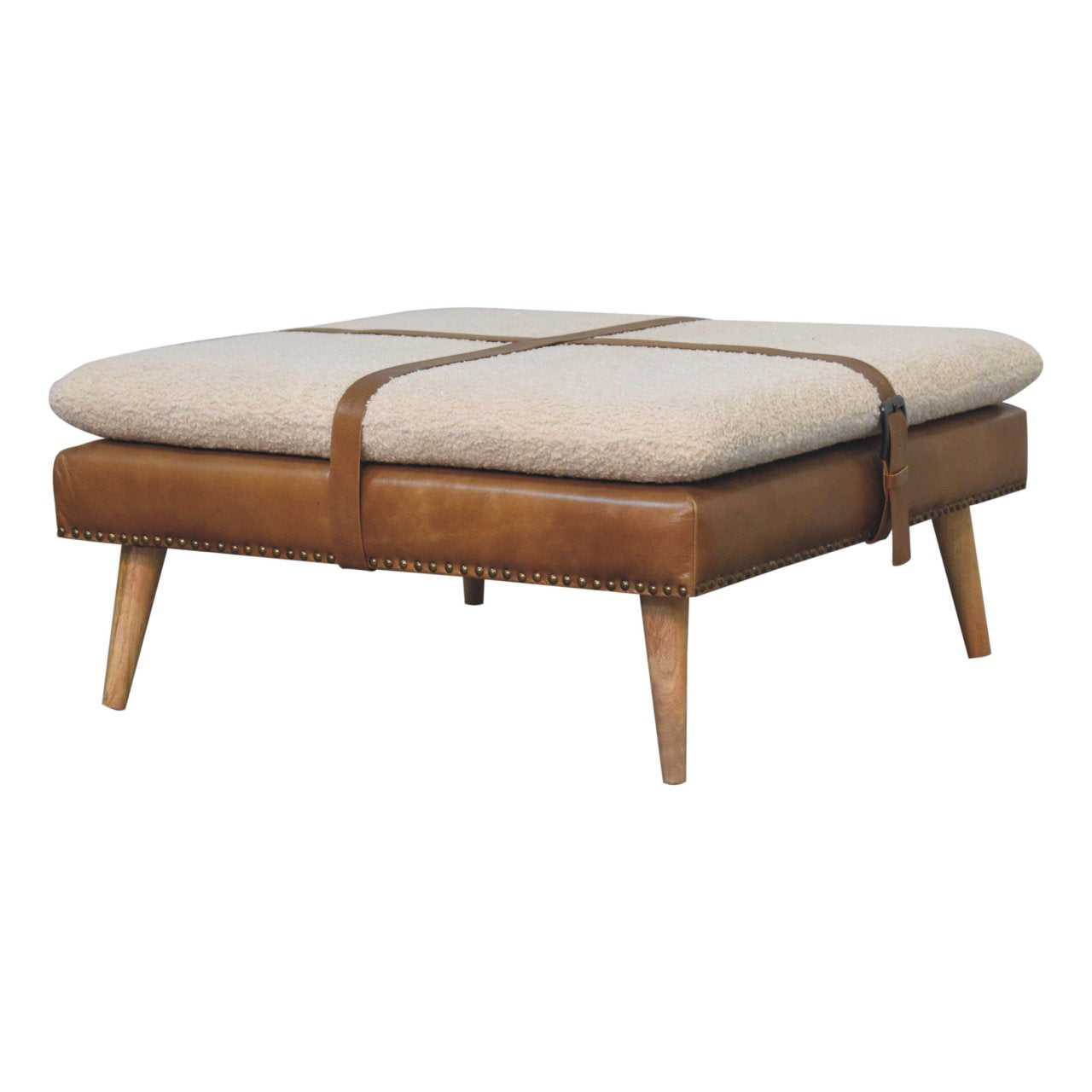 Large Square BouclÃ© Buffalo Hide Brown Leather Footstool