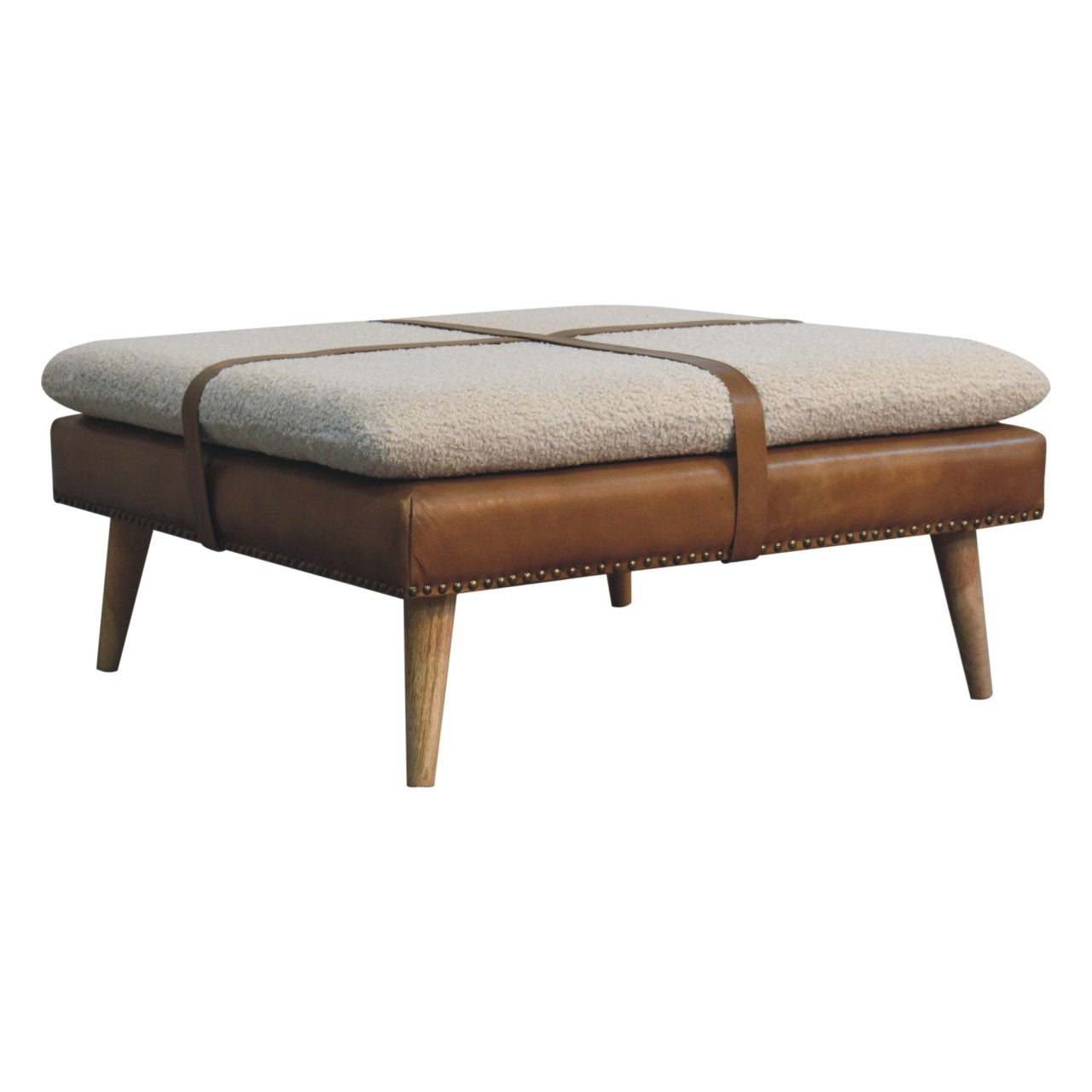 Large Square BouclÃ© Buffalo Hide Brown Leather Footstool