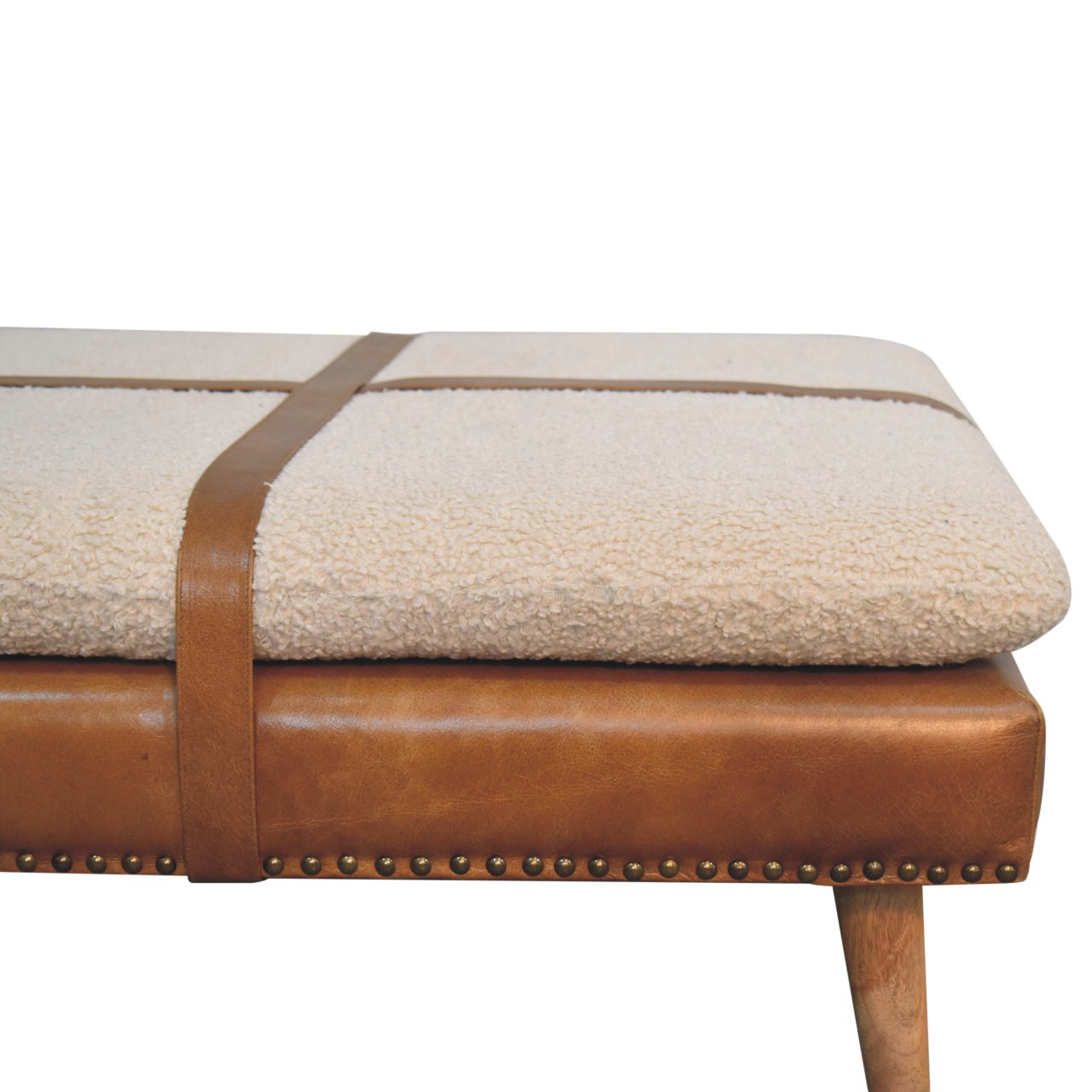 Large Square BouclÃ© Buffalo Hide Brown Leather Footstool