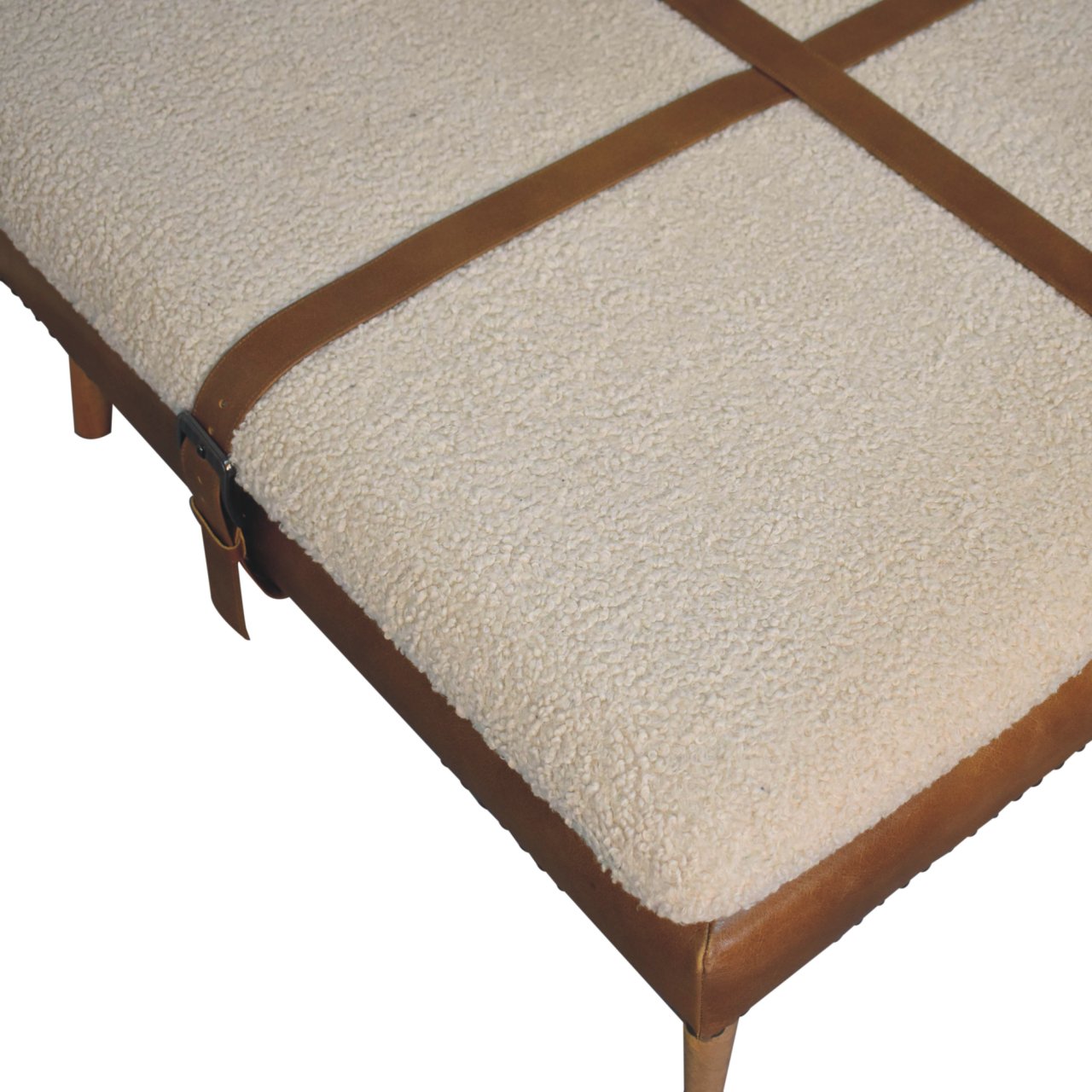 Large Square BouclÃ© Buffalo Hide Brown Leather Footstool