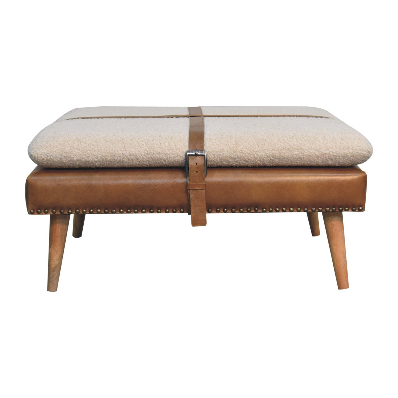 Large Square BouclÃ© Buffalo Hide Brown Leather Footstool