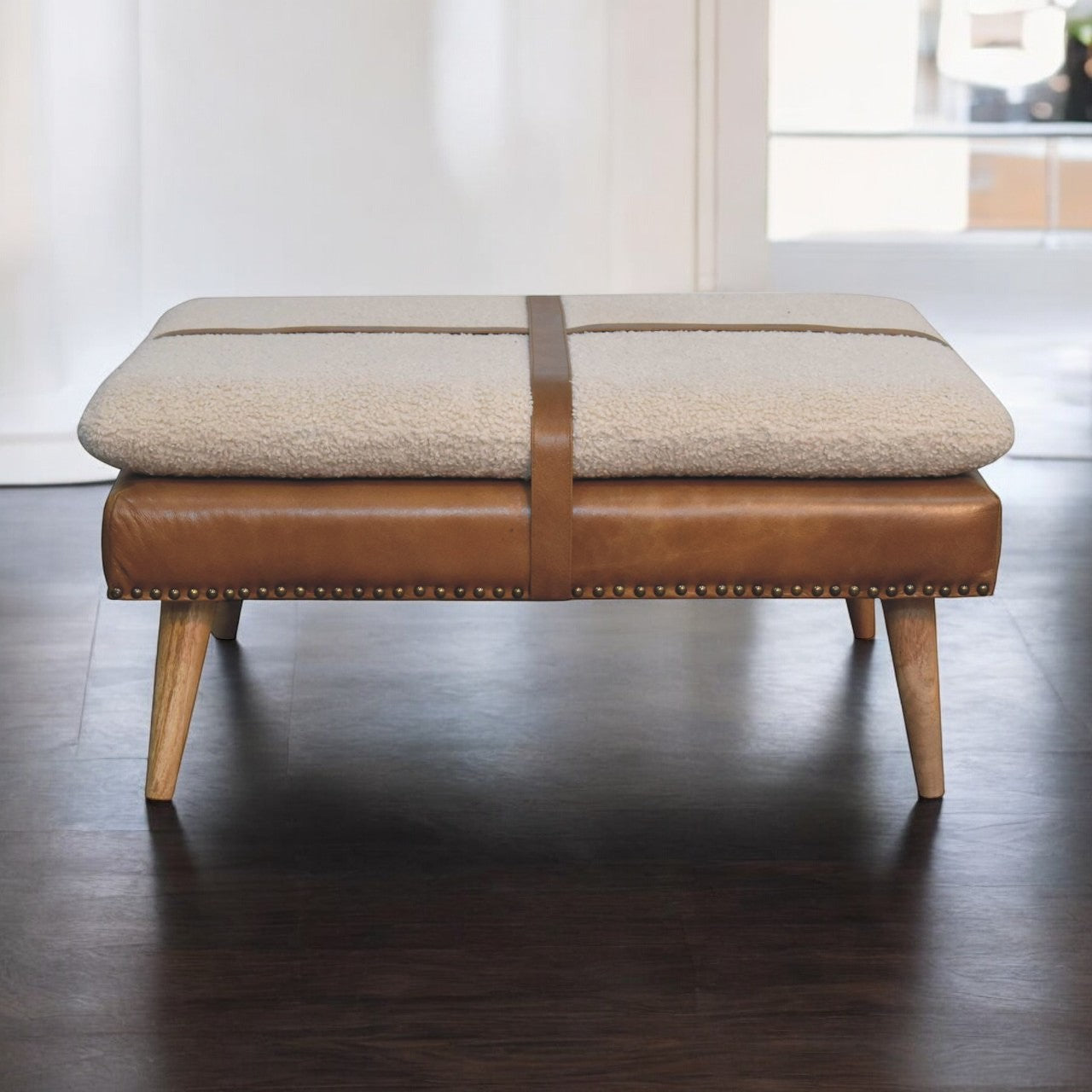 Large Square BouclÃ© Buffalo Hide Brown Leather Footstool