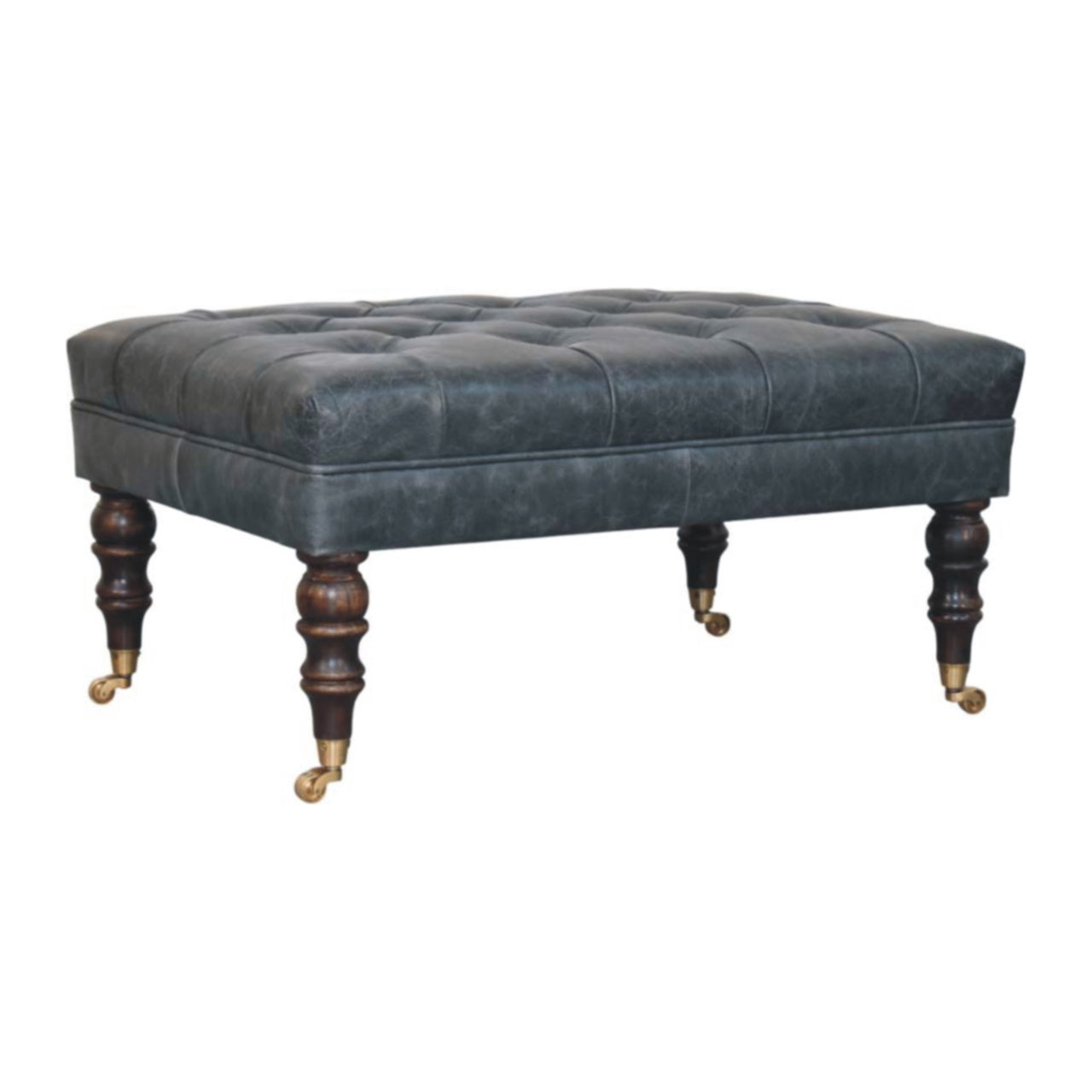 Buffalo Teal Leather Ottoman with Castor Legs Storage Bench
