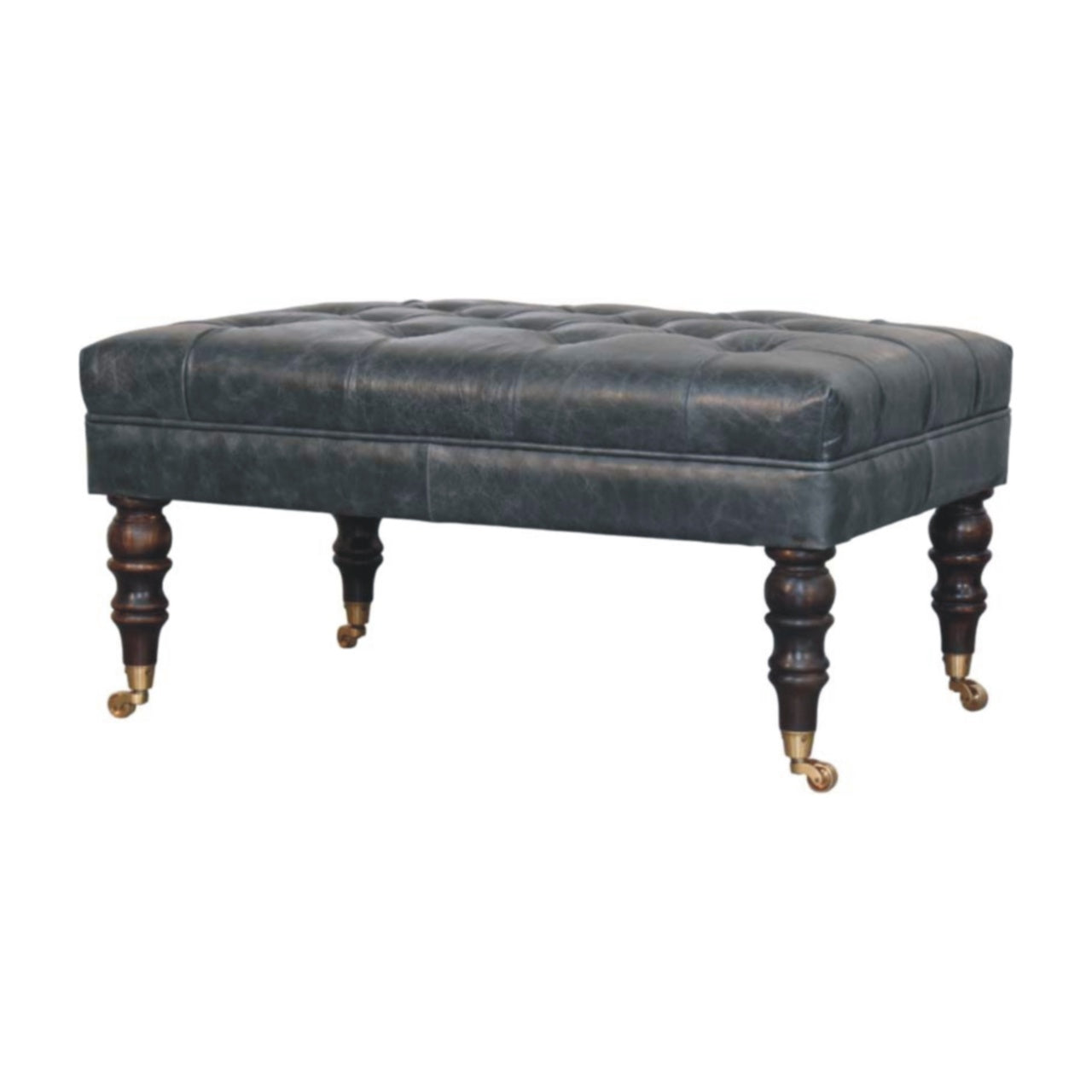 Buffalo Teal Leather Ottoman with Castor Legs Storage Bench
