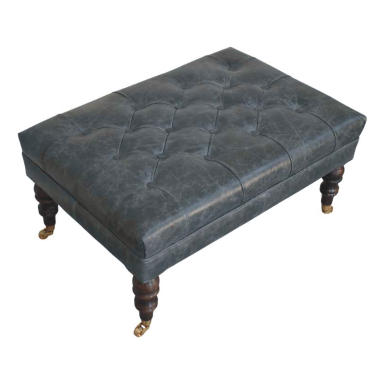 Buffalo Teal Leather Ottoman with Castor Legs Storage Bench