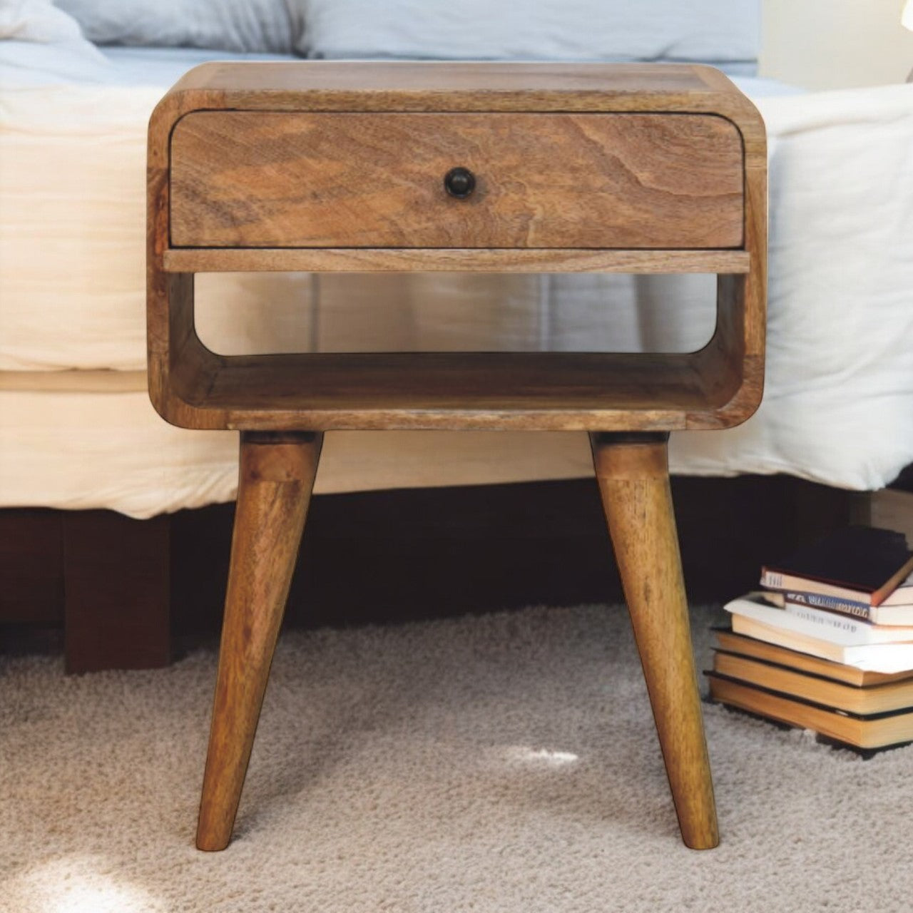 Avora Oak-ish Nightstand with Drawer and open slot Accent Piece