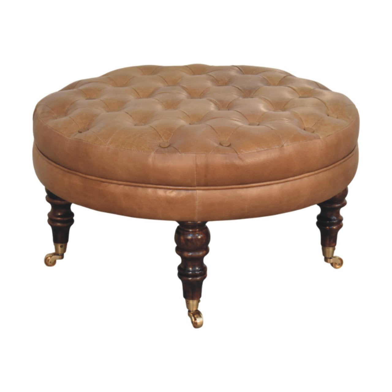 Brown Buffalo Leather Round Ottoman with Castor Legs Storage Bench
