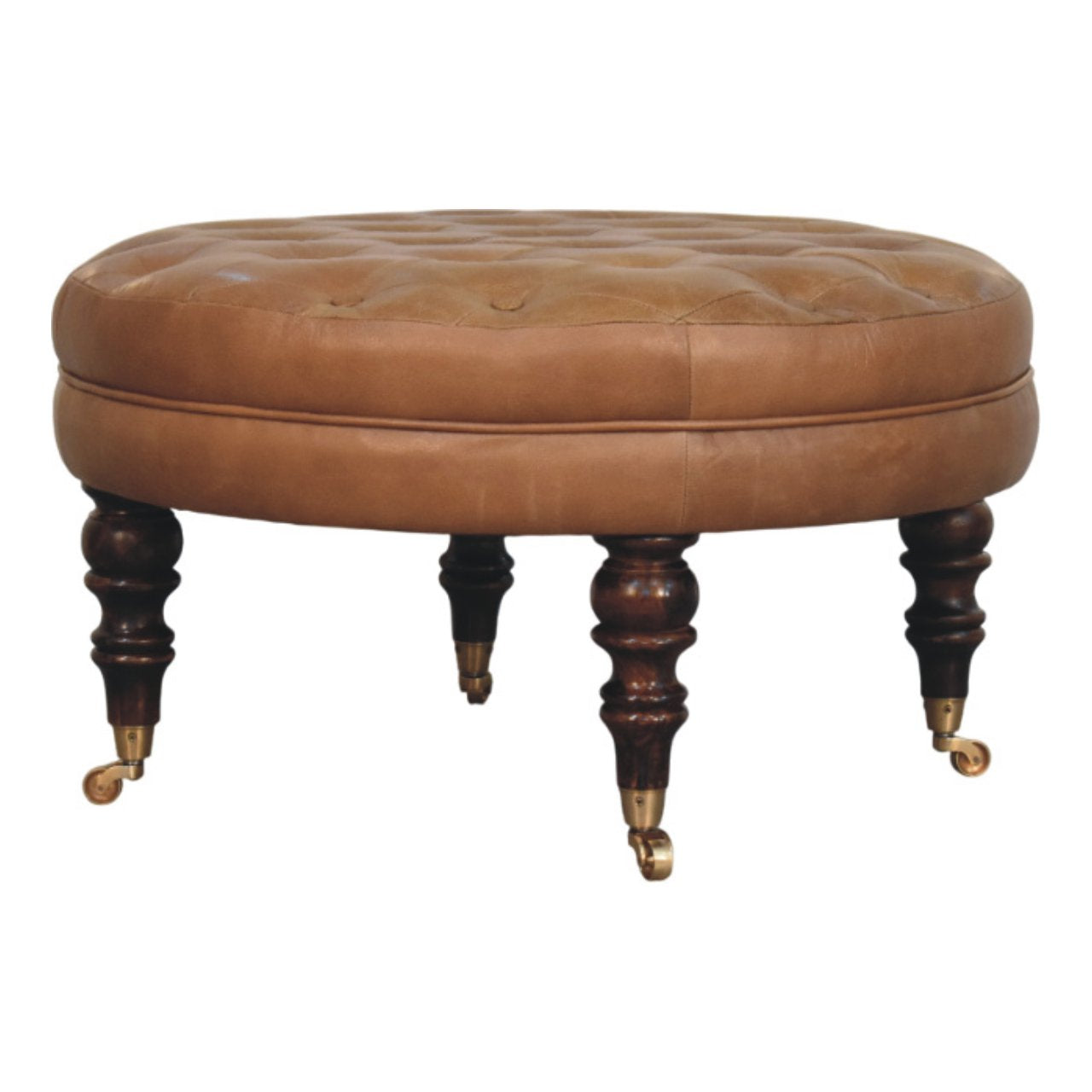 Brown Buffalo Leather Round Ottoman with Castor Legs Storage Bench