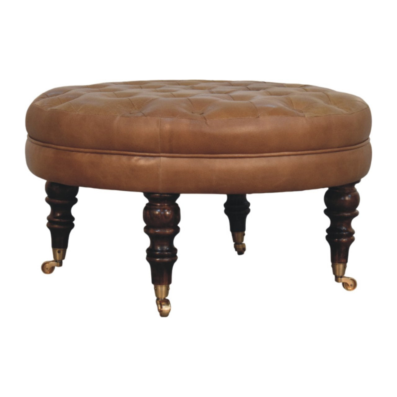 Brown Buffalo Leather Round Ottoman with Castor Legs Storage Bench