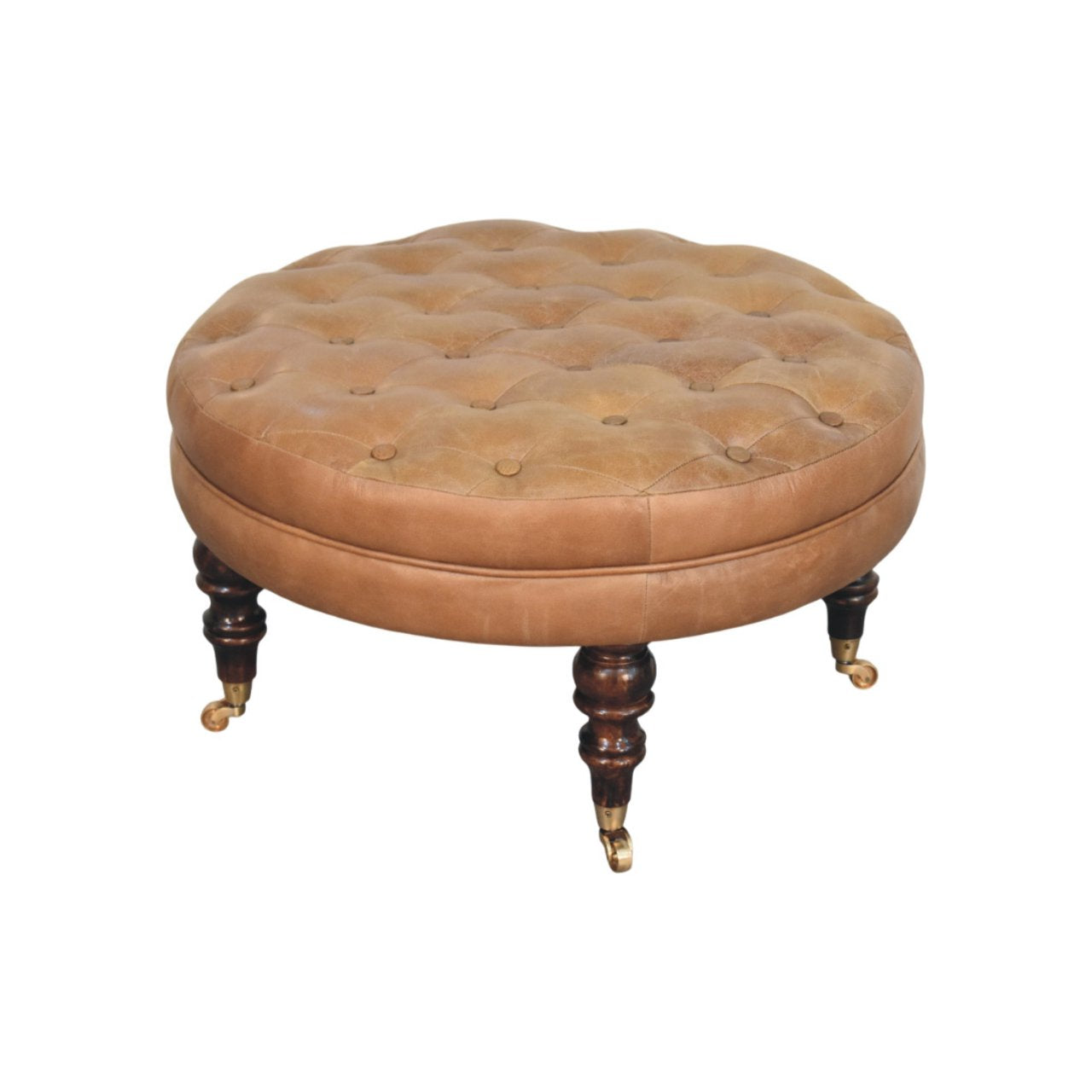 Brown Buffalo Leather Round Ottoman with Castor Legs Storage Bench