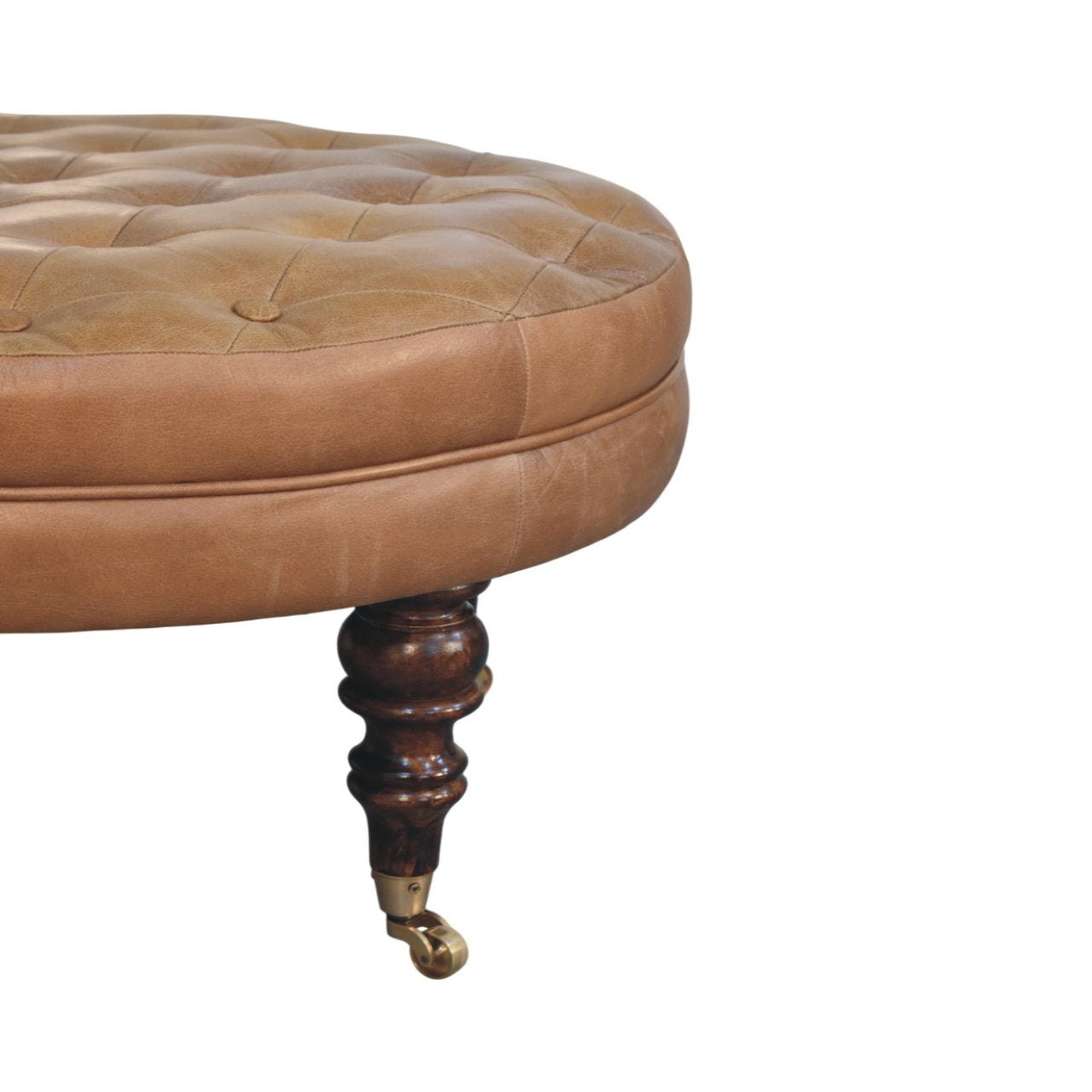 Brown Buffalo Leather Round Ottoman with Castor Legs Storage Bench