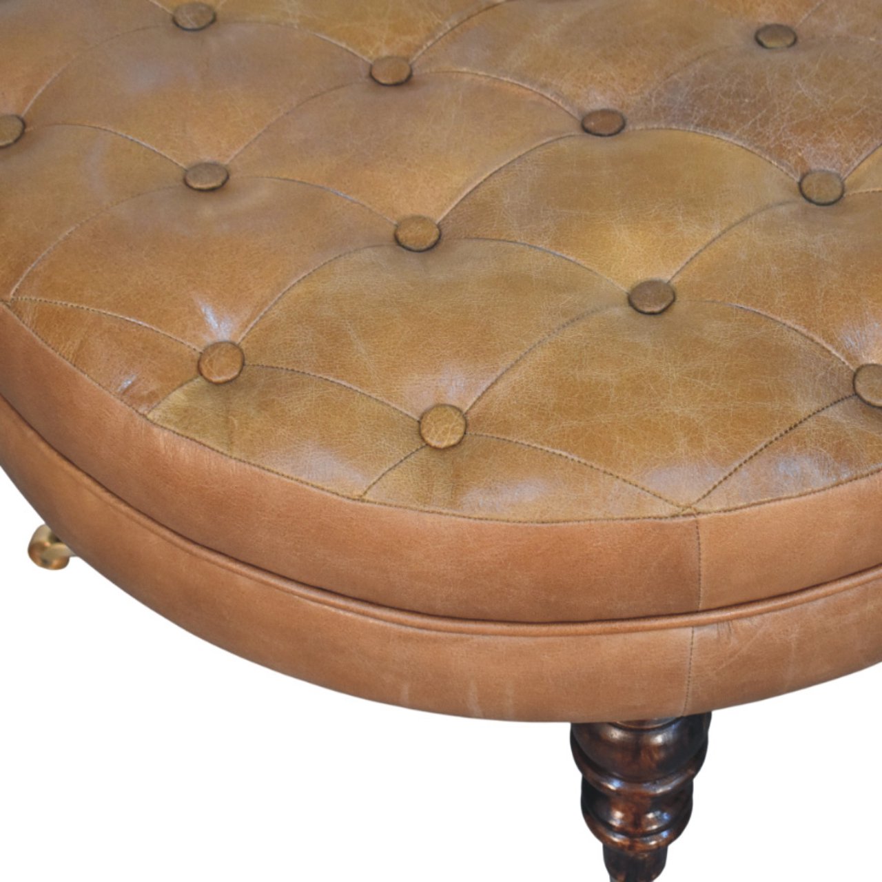 Brown Buffalo Leather Round Ottoman with Castor Legs Storage Bench