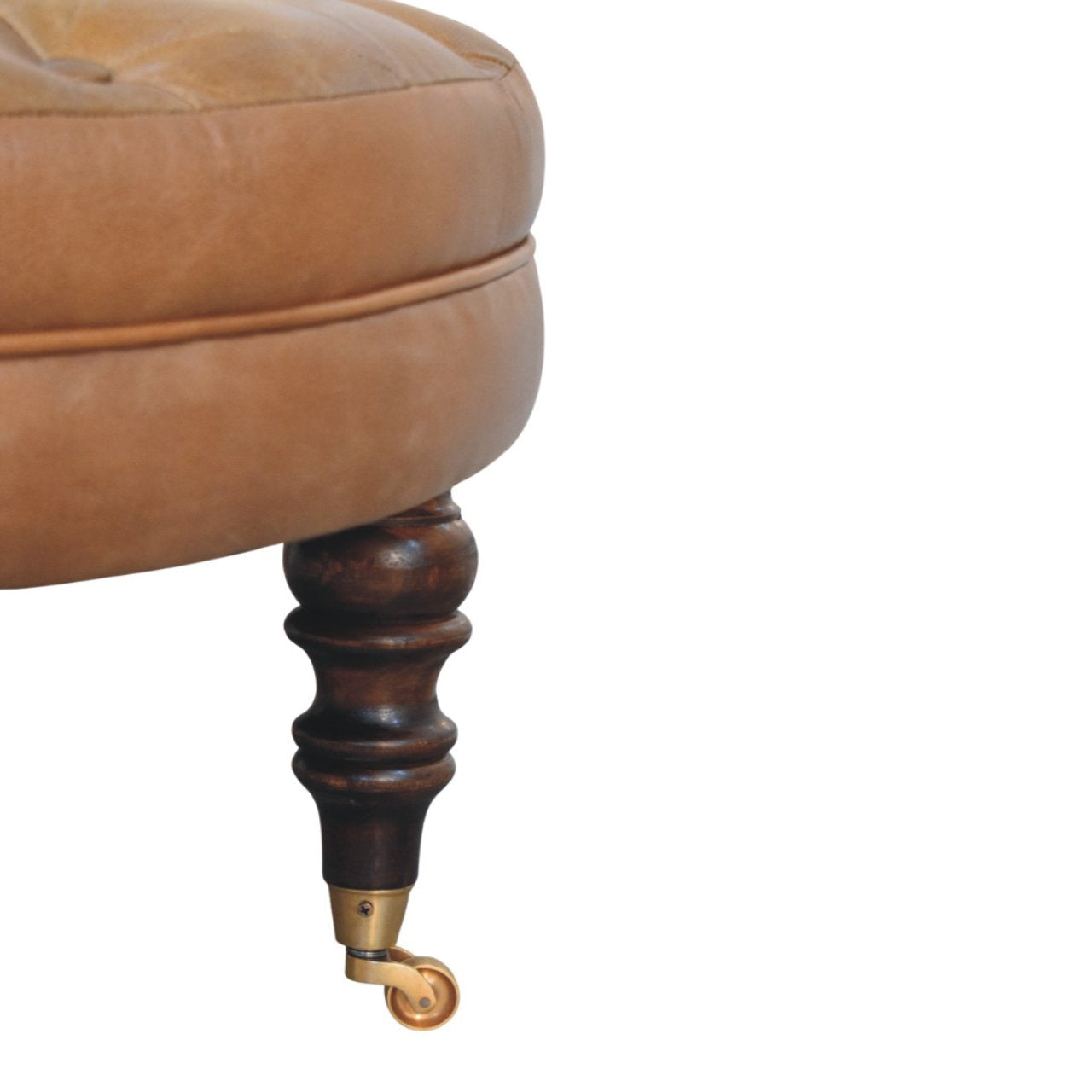Brown Buffalo Leather Round Ottoman with Castor Legs Storage Bench