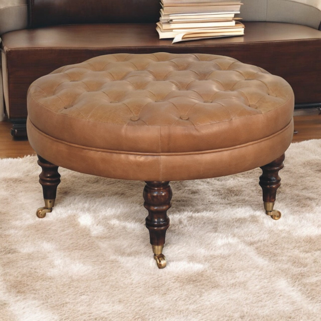 Brown Buffalo Leather Round Ottoman with Castor Legs Storage Bench