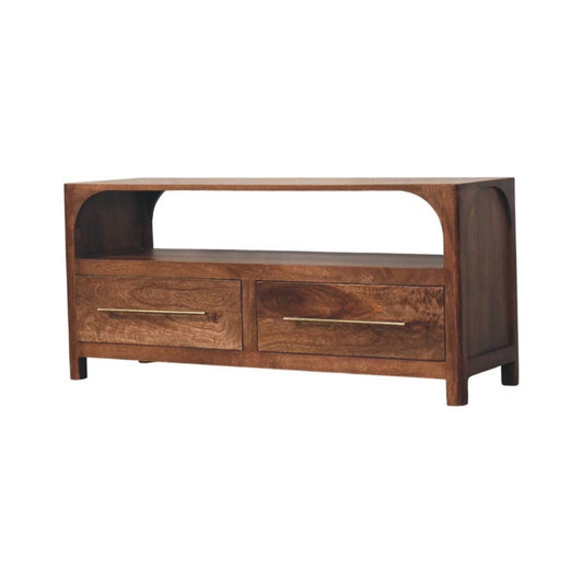 Arc-Line Media Console Table | Brass Solid Mango Wood Open Shelf