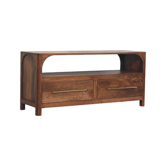 Arc-Line Media Console Table | Brass Solid Mango Wood Open Shelf
