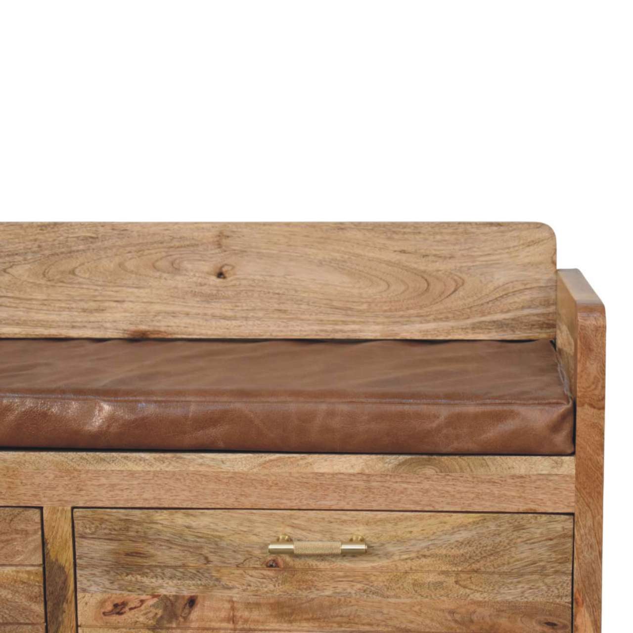 Oakish Storage Bench with Brown Leather Seat