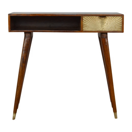 Sunrise Gold Carved Writing Desk | Chestnut Mango Wood Hand-Carved
