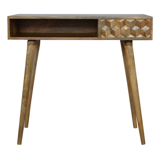 Cube Carved Writing Desk | Oak Mango Wood Hand-Carved