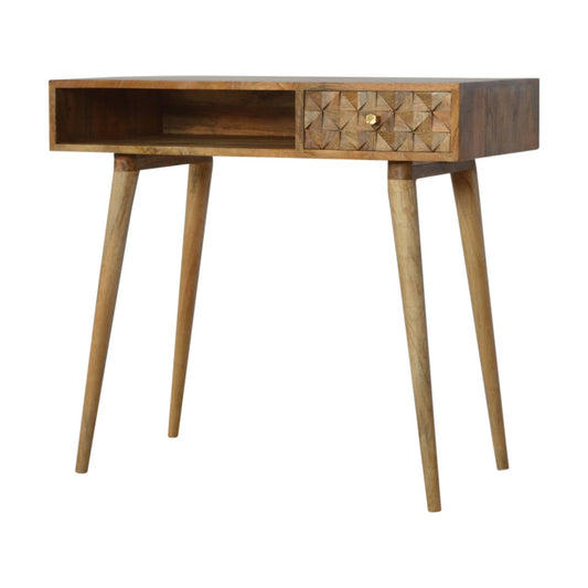 Diamond Carved Writing Desk | Oak-Ish Solid Mango Wood Hand-Carved