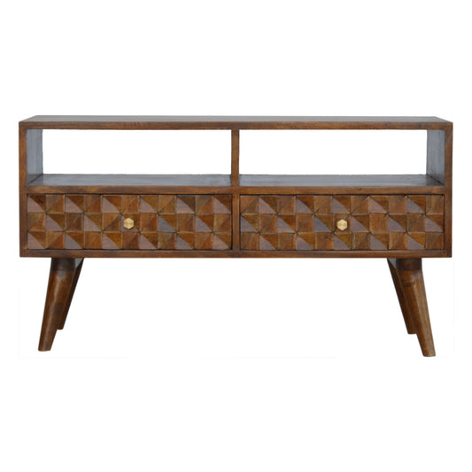 Chestnut Diamond Carved TV Unit Chest of Drawers | Hand-Carved