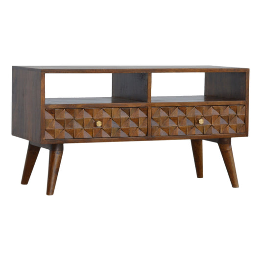 Chestnut Diamond Carved TV Unit Chest of Drawers | Hand-Carved