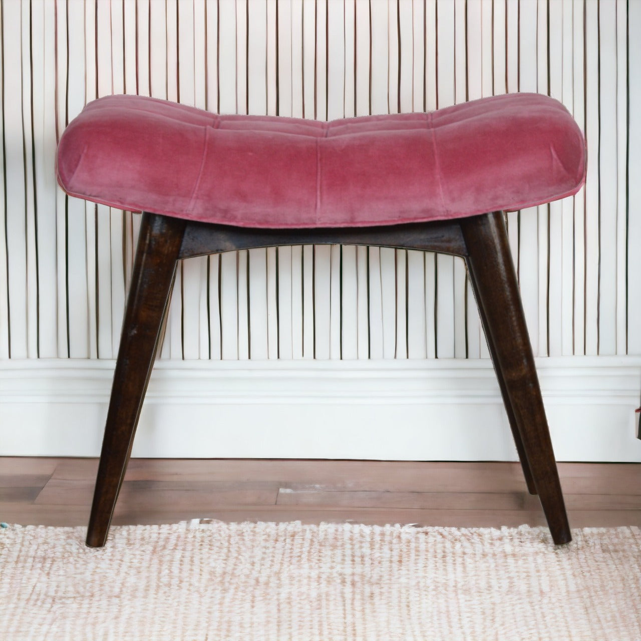 Pink Cotton Velvet Curved Bench