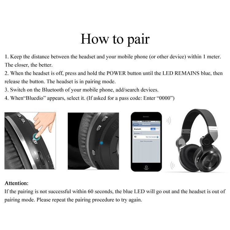 Bluedio T2 Turbine Wireless Bluetooth 4.1 Stereo Headphones Headset with Mic, For iPhone, Samsung, Huawei, Xiaomi, HTC and Other Smartphones, All Audio Devices(Black)