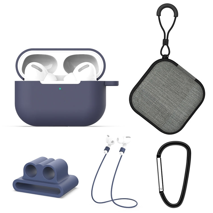 For AirPods Pro 5 in 1 Silicone Earphone Protective Case + Earphone Bag + Earphones Buckle + Hook + Anti-lost Rope Set(Blue)