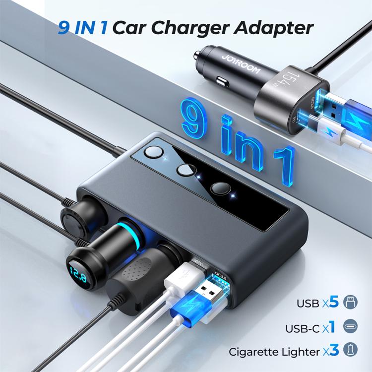 JOYROOM JR-CL06 9 in 1 210W PD USB-C / Type-C + Dual QC3.0 USB + 3 USB + 3 Cigarette Lighter Holes Digital Display Car Charger (Black)