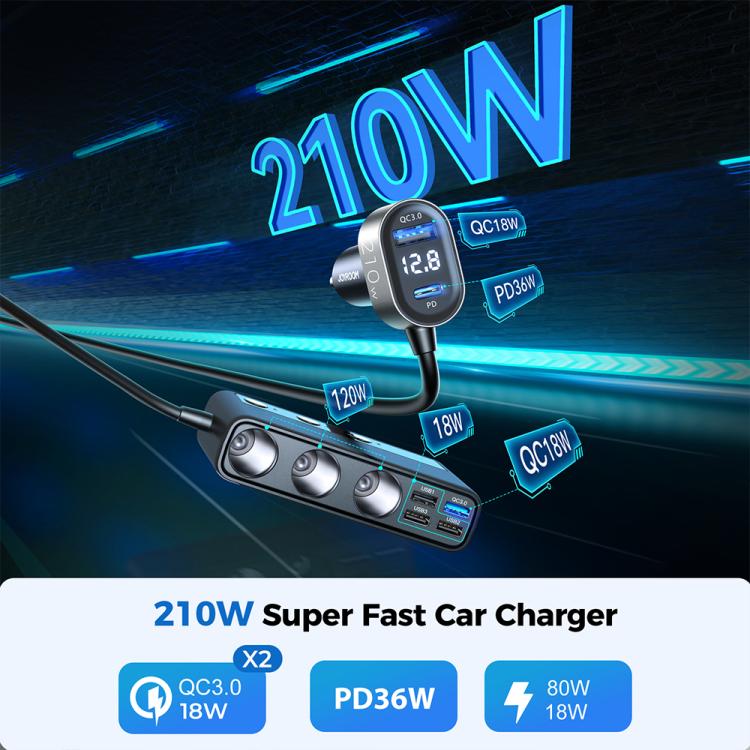 JOYROOM JR-CL06 9 in 1 210W PD USB-C / Type-C + Dual QC3.0 USB + 3 USB + 3 Cigarette Lighter Holes Digital Display Car Charger (Black)