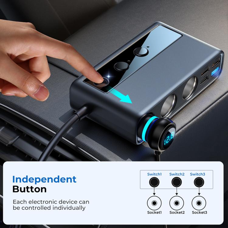 JOYROOM JR-CL06 9 in 1 210W PD USB-C / Type-C + Dual QC3.0 USB + 3 USB + 3 Cigarette Lighter Holes Digital Display Car Charger (Black)