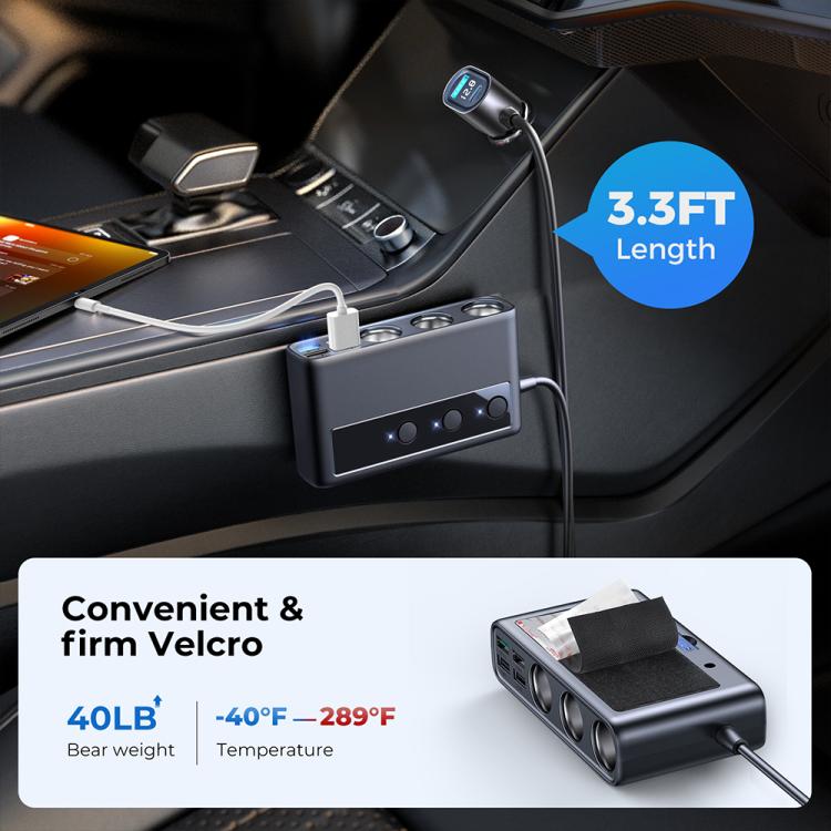 JOYROOM JR-CL06 9 in 1 210W PD USB-C / Type-C + Dual QC3.0 USB + 3 USB + 3 Cigarette Lighter Holes Digital Display Car Charger (Black)