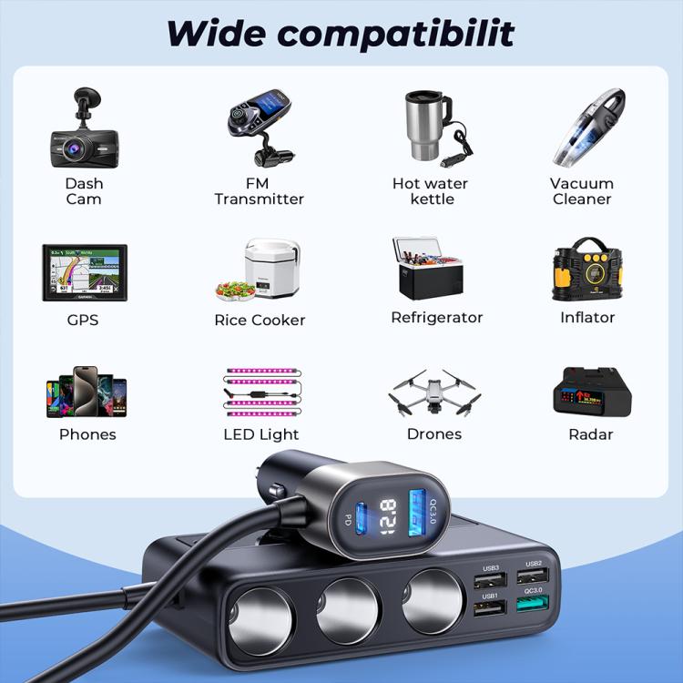 JOYROOM JR-CL06 9 in 1 210W PD USB-C / Type-C + Dual QC3.0 USB + 3 USB + 3 Cigarette Lighter Holes Digital Display Car Charger (Black)