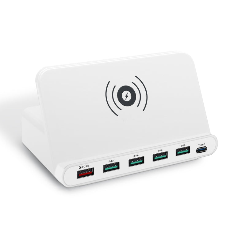 828W 7 in 1 60W QC 3.0 USB Interface + 4 USB Ports + USB-C / Type-C Interface + Wireless Charging Multi-function Charger with Mobile Phone Holder Function, US Plug, US Plug White, US Plug Black