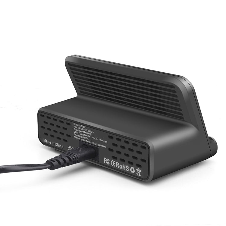 828W 7 in 1 60W QC 3.0 USB Interface + 4 USB Ports + USB-C / Type-C Interface + Wireless Charging Multi-function Charger with Mobile Phone Holder Function, US Plug, US Plug White, US Plug Black