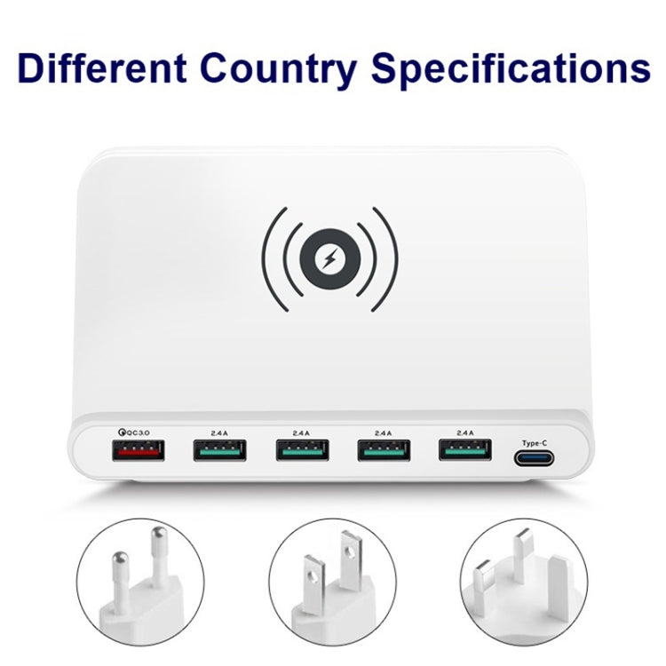 828W 7 in 1 60W QC 3.0 USB Interface + 4 USB Ports + USB-C / Type-C Interface + Wireless Charging Multi-function Charger with Mobile Phone Holder Function, US Plug, US Plug White, US Plug Black