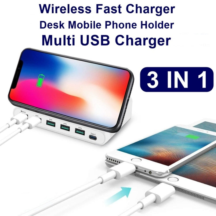 828W 7 in 1 60W QC 3.0 USB Interface + 4 USB Ports + USB-C / Type-C Interface + Wireless Charging Multi-function Charger with Mobile Phone Holder Function, US Plug, US Plug White, US Plug Black