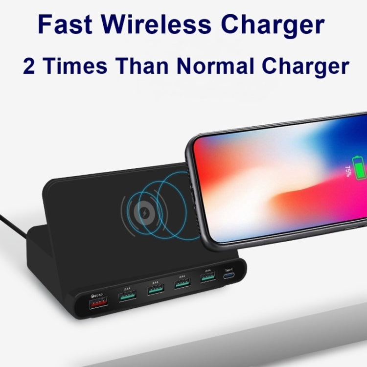 828W 7 in 1 60W QC 3.0 USB Interface + 4 USB Ports + USB-C / Type-C Interface + Wireless Charging Multi-function Charger with Mobile Phone Holder Function, US Plug, US Plug White, US Plug Black