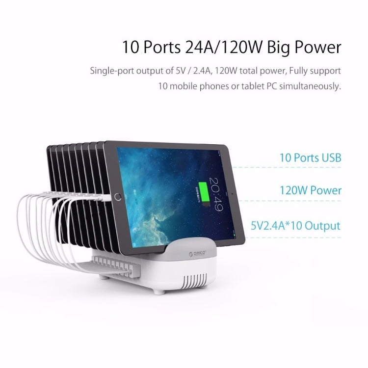 ORICO DUK-10P 120W 10 USB Ports Smart Charging Station with Phone & Tablet Stand, US Plug(White)