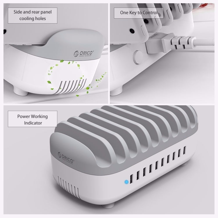 ORICO DUK-10P 120W 10 USB Ports Smart Charging Station with Phone & Tablet Stand, US Plug(White)