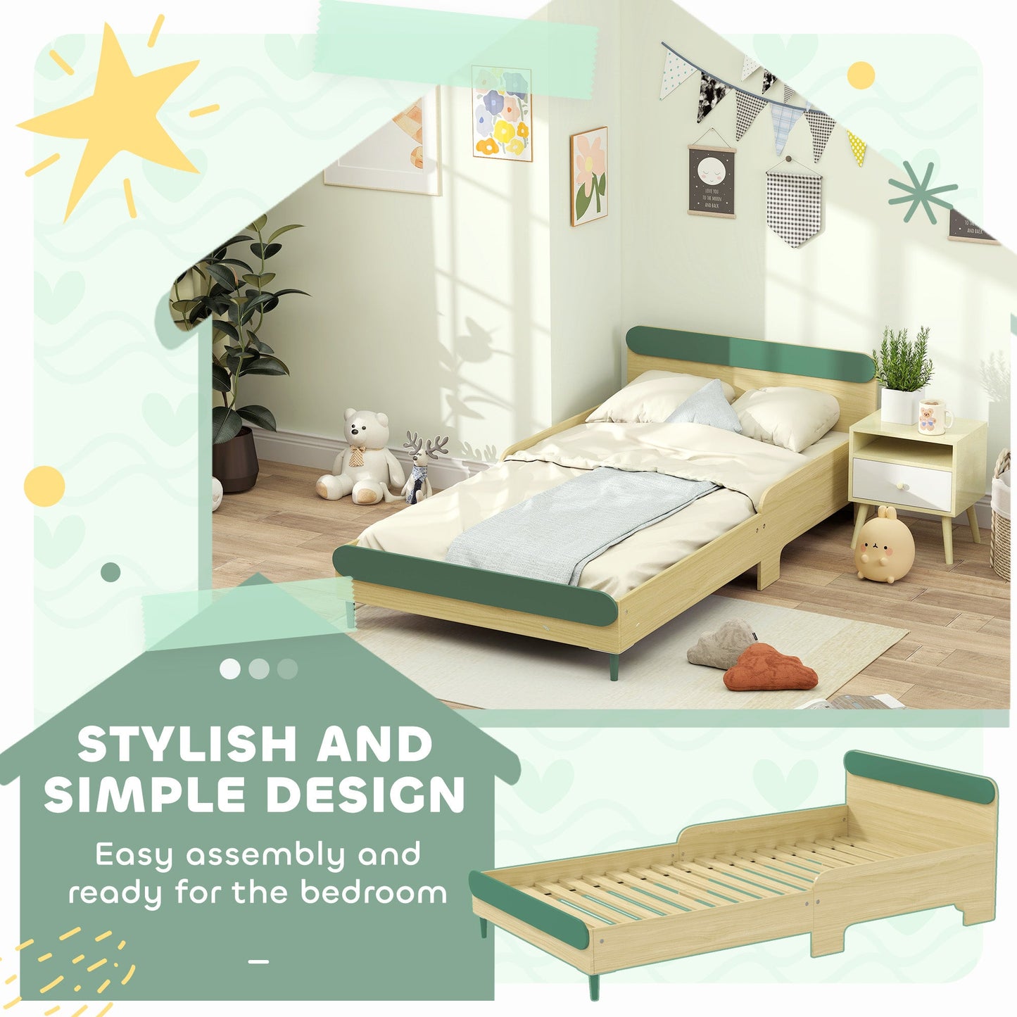 AIYAPLAY Toddler Bed, Kids Bed w/ Safety Rail, 195 x 103 x 60.5cm, Green