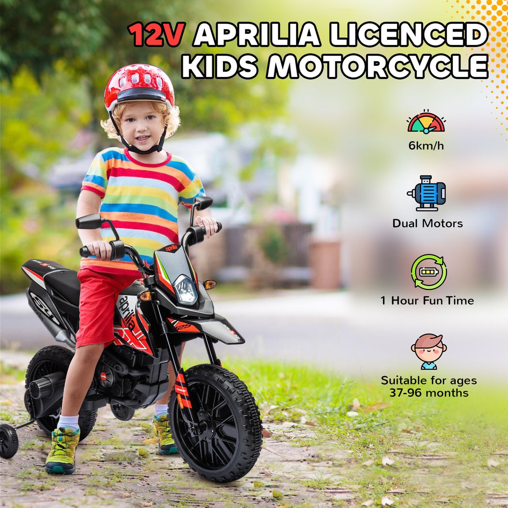 AIYAPLAY 12V Kids Motorbike Aprilia Licenced with Training Wheels