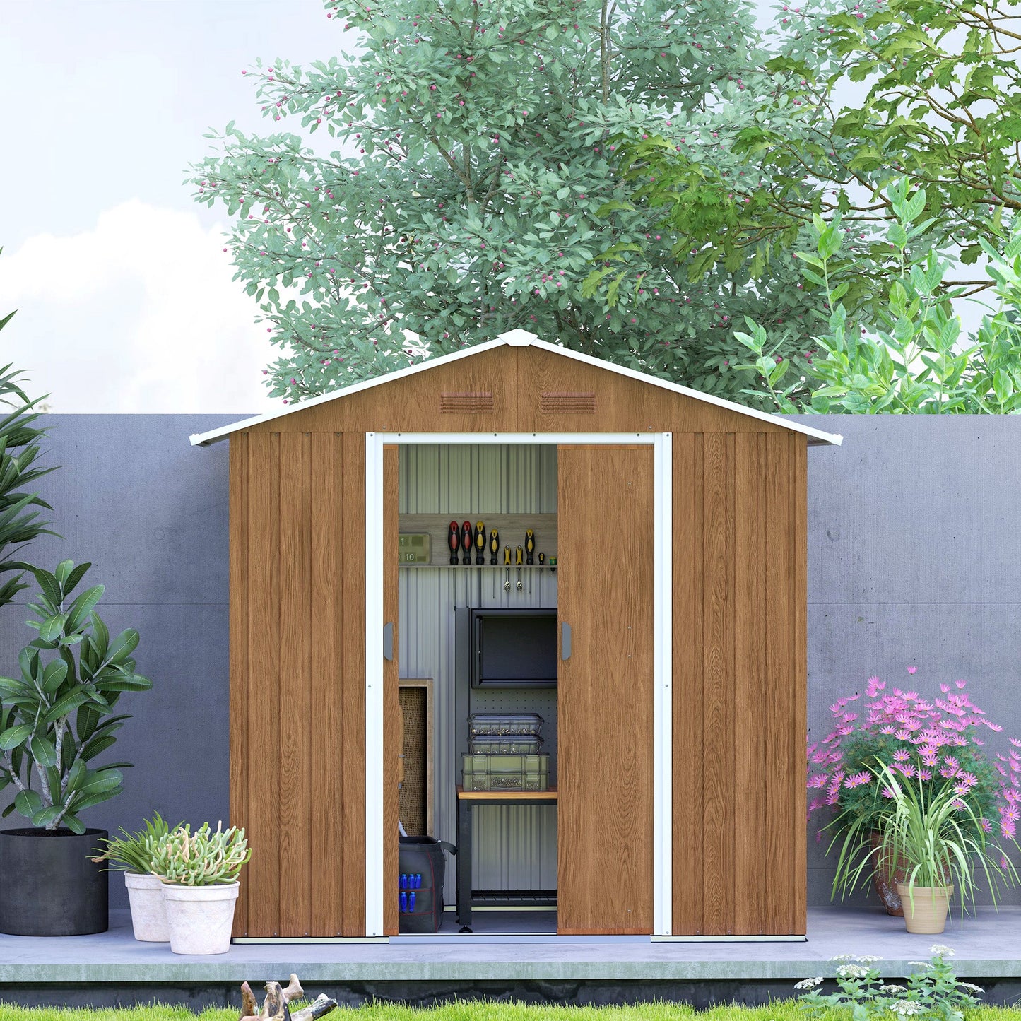Outsunny 6.5x3.5ft Metal Garden Shed for Garden, Brown Wood Effect